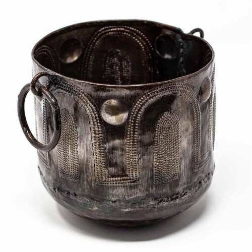 Croix Des Bouquets HMDBWLSM Handmade & Fair Trade Hammered Metal Container with Round Handles Perspective: front