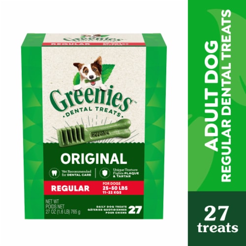 Greenies Original Flavor Regular Natural Dental Care Chews Oral Health Adult Dog Treats Perspective: front