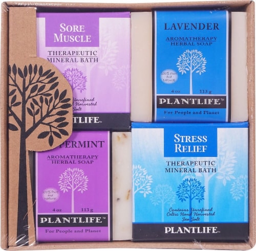Plantlife Sore Muscle Detox Relax & Stress Therapeutic Mineral Bath Salt Top Soap Combo Perspective: front