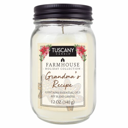 Tuscany Candle Farmhouse Holiday Collection Grandma's Recipe Jar Candle Perspective: front