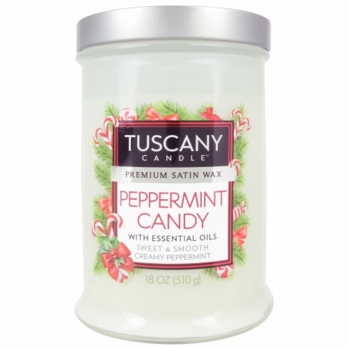 Tuscany Candle Peppermint Candy Satin Wax Candle Jar Perspective: front