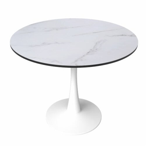 Leisuremod Bristol 31 Round Dining Table White Base with White Marbled Wood Top Perspective: front