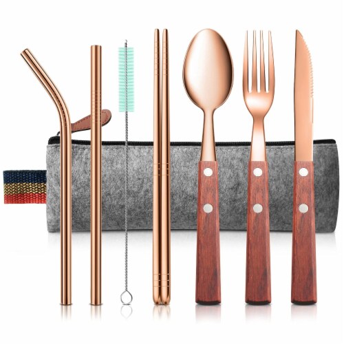 Kitcheniva Reusable Flatware Utensils Set With Carrying Pouch - Rose Gold Perspective: front