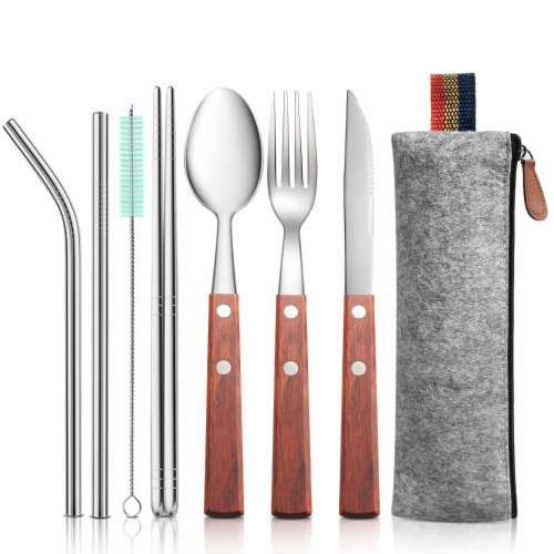 Kitcheniva Reusable Flatware Utensils Set With Carrying Pouch - Silver Perspective: front