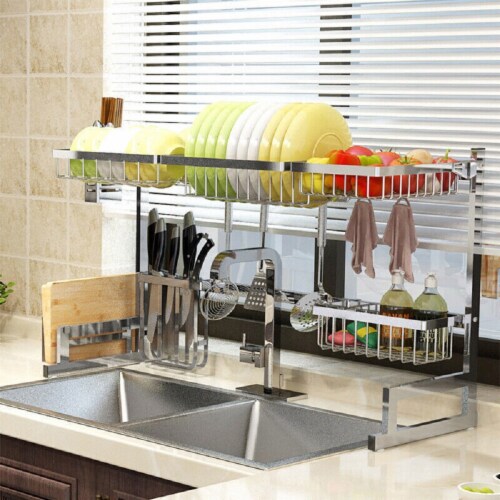 2-tier Rust-proof Dish Drying Rack With Drain Board Hooks, Cutting