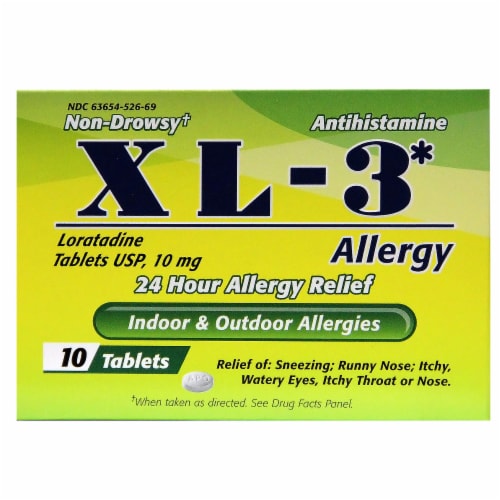 Xl-3 24 Hour Allergy Relief Loratadine USP 10 mg Antihistamine Tablets Perspective: front