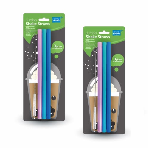 Grand Fusion Jumbo Size Silicone Shake Straws & Brush, Reusable 2-3ct packages Perspective: front
