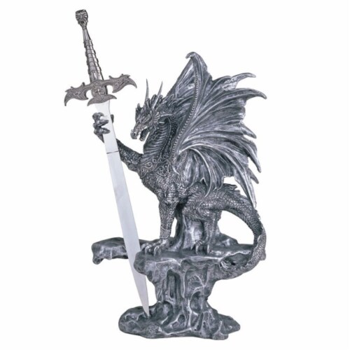 FC Design 12 H Medieval Silver Dragon Standing on Rock Sword Guardian Figurine Home Decor Perspective: front
