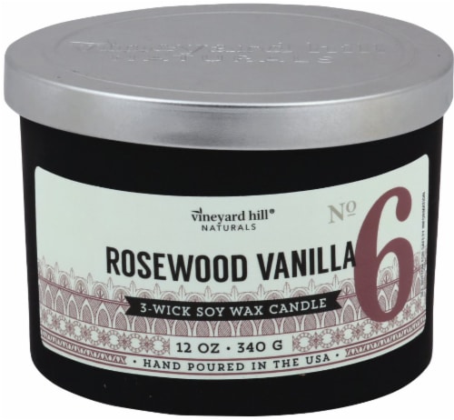 Vineyard Hill Naturals Rosewood Vanilla 3-Wick Soy Wax Candle Jar Perspective: front