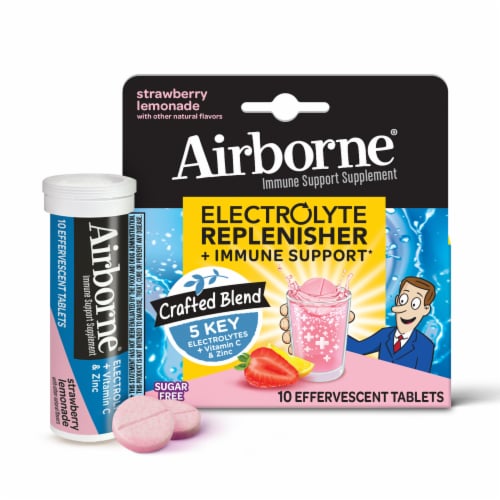 Airborne Vitamin C Effervescent Tablets Electrolyte Replenisher Strawberry Lemon Perspective: front
