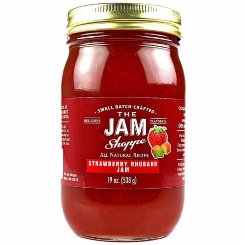 The Jam Shoppe All Natural Strawberry Rhubarb Jam 19 Oz. Jar Real Fruit Recipe Perspective: front