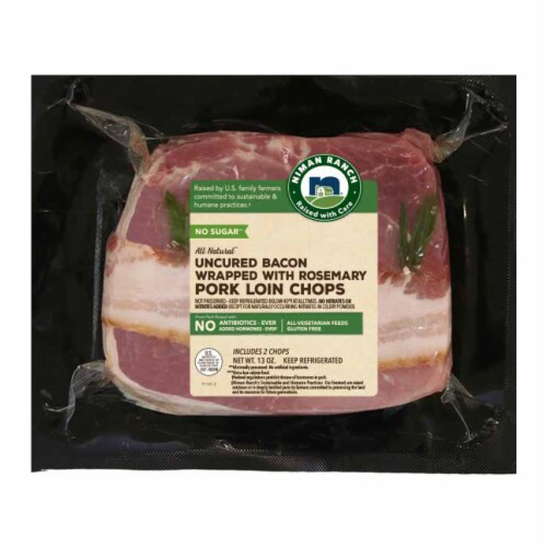 Niman Ranch Uncured Bacon Wrapped with Rosemary Loin Chops Perspective: front