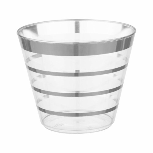 Clear with Silver Stripes Round Disposable Plastic Party Cups - 9 Ounce ...