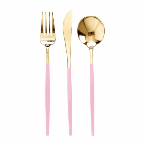720 Piece - 240 Sets Gold with Pink Moderno Plastic Cutlery Set - Spoons, Forks, Knives Perspective: front