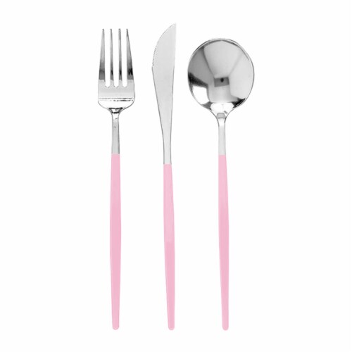 720 Piece - 240 Sets Silver w/ Pink Moderno Plastic Cutlery Set - Spoons, Forks, Knives Perspective: front