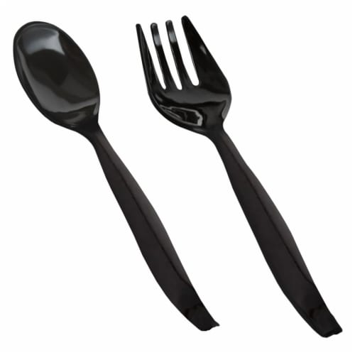 300 Piece - 150 Sets Black Disposable Plastic Serving Flatware Set - Serving Spoons and Forks Perspective: front