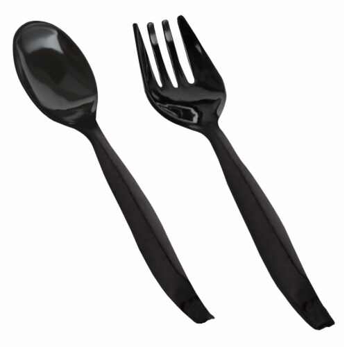 300 Piece - 150 Sets Black Disposable Plastic Serving Flatware Set - Serving Spoons and Forks Perspective: front