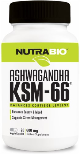 NutraBio Ashwagandha KSM-66 Veggie Capsules 600mg Perspective: front