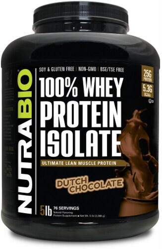 NutraBio 100% Dutch Chocolate Whey Protein Isolate Protein Supplement Perspective: front