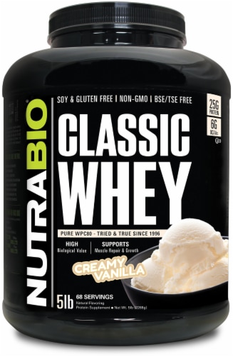 NutraBio® Classic Whey Creamy Vanilla Flavored Protein Supplement Perspective: front