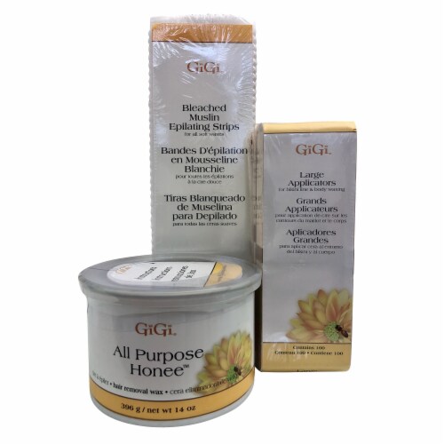 GiGi Bleached Muslin Epilating Strips, Large Applicators 100 Ct, Honee 14 OZ Set Perspective: front
