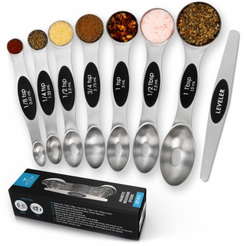 Stainless Steel Magnetic Measuring Spoons, 8 Piece Set with Leveler Perspective: front