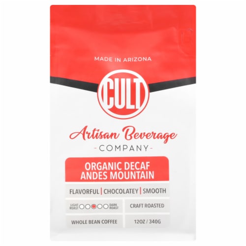 Cult Decaf Andes Mountain Medium Roast Organic Whole Bean Coffee Perspective: front