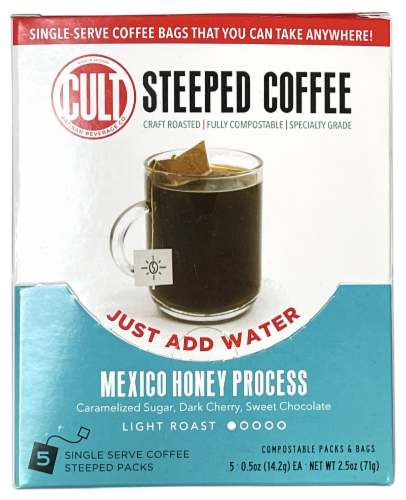 CULT Mexico Honey Process Light Roast Steeped Coffee Perspective: front