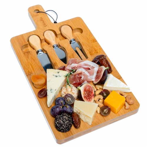 Bamboo Cheese Board and Knife Set - 12x8 inch Charcuterie Board with Magnetic Cutlery Storage Perspective: front