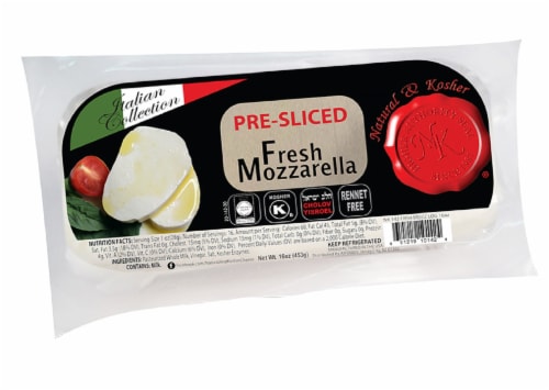 Natural & Kosher Pre-Sliced Fresh Mozzarella Perspective: front