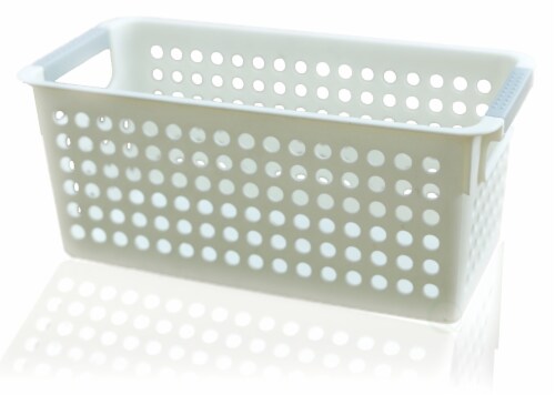White Rectangular Plastic Shelf Organizer Basket with Handles Single Large Perspective: front