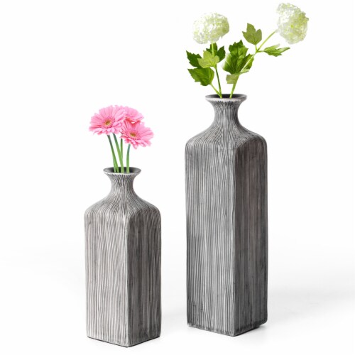 Contemporary Decorative Square Table Flower Vase with Gray Striped Design set of 2 Perspective: front