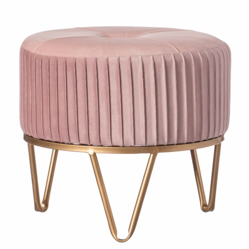 Round Velvet Ottoman Stool Raised with Hairpin Gold Base pink