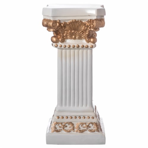 Decorative Modern Fiberglass White and Gold Plinth Roman Style Column Ionic Pedestal Vase Perspective: front