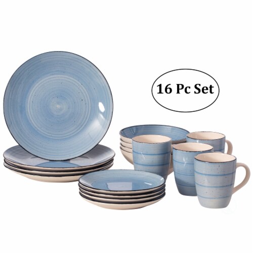 16 PC Spin Wash Dinnerware Dish Set for 4 Mugs Salad Dinner Plates and Bowls Sets Blue Blue Mariano s