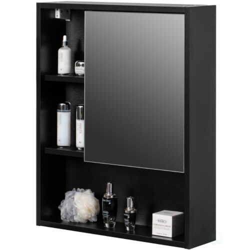 Wall Mount Bathroom Mirrored Storage Cabinet with Open Shelf 2 Adjustable Shelves Medicine Perspective: front