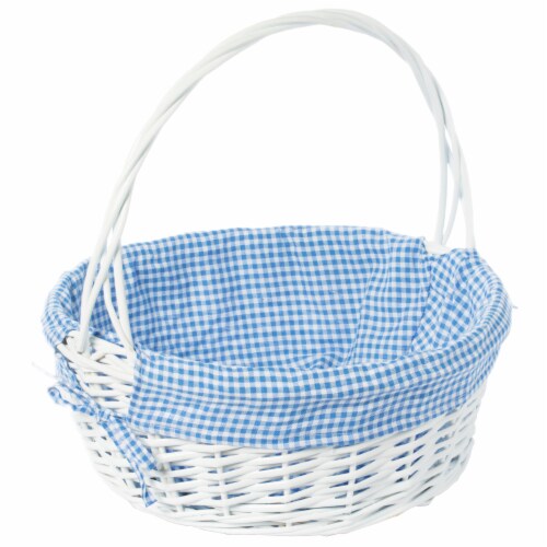 White Round Willow Gift Basket, with Blue and White Gingham Liner and Handles blue large Perspective: front