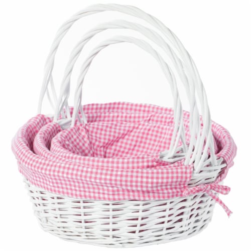 White Round Willow Gift Basket, with Blue and White Gingham Liner and Handles pink set of 3 Perspective: front