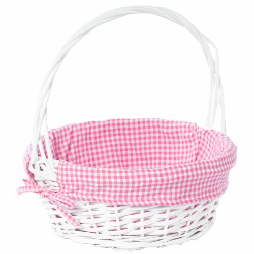 White Round Willow Gift Basket, with Blue and White Gingham Liner and Handles pink medium Perspective: front