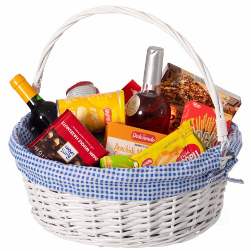 Traditional White Round Willow Gift Basket with Gingham Liner and Sturdy Foldable Handles, Perspective: front