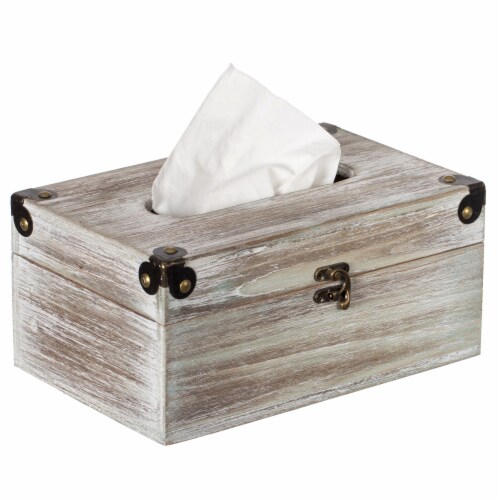 Grey Wood Facial Tissue Box Holder for Your Bathroom, Office, or Vanity with Decorative Metal Perspective: front