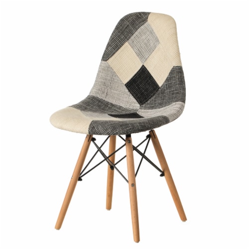 Modern Black and White Patchwork Fabric Chair with Wooden Legs for Kitchen, Dining Room, Perspective: front