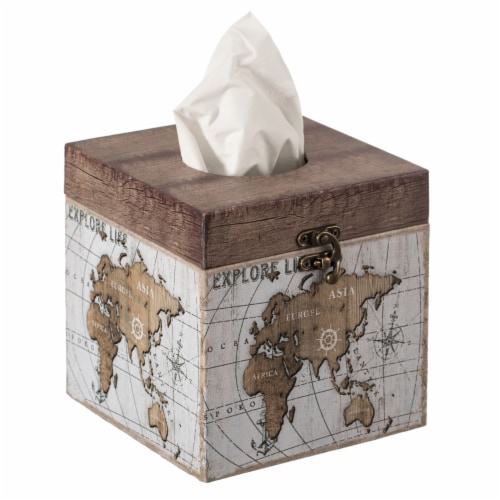 Facial Tissue Box Holder for Your Bathroom, Office, or Vanity with Decorative World Map Perspective: front