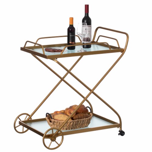 Gold Metal Wine Bar Serving Cart with Rolling Wheels and Handles for