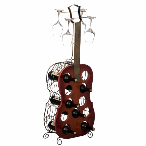 Decorative Rustic Gold Guitar Shaped 11 Bottle Wine Holder with 4 Glass Hangers 1 unit Fry s Food Stores