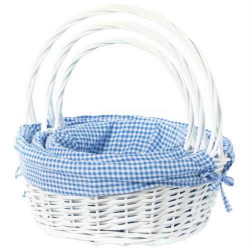 White Round Willow Gift Basket, with Blue and White Gingham Liner and Handles blue set of 3 Perspective: front