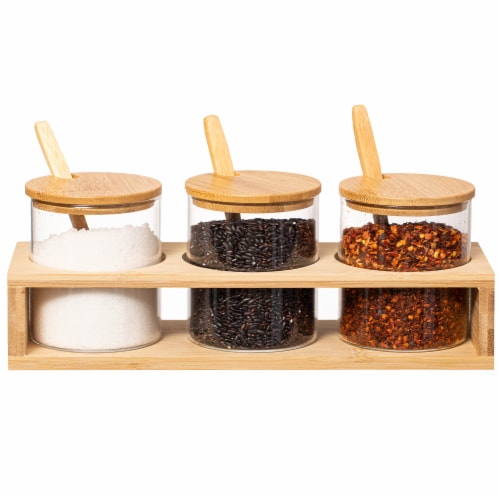 Basicwise 3-Piece Glass Containers with Bamboo Lids and Tray Holder Perspective: front