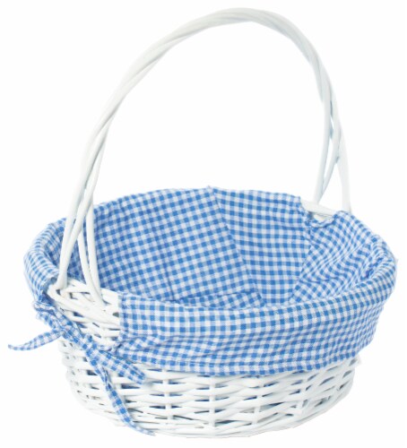 White Round Willow Gift Basket, with Gingham Liner and Handle medium blue Perspective: front