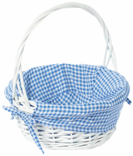 White Round Willow Gift Basket, with Gingham Liner and Handle small blue Perspective: front