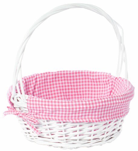White Round Willow Gift Basket, with Gingham Liner and Handle medium pink Perspective: front